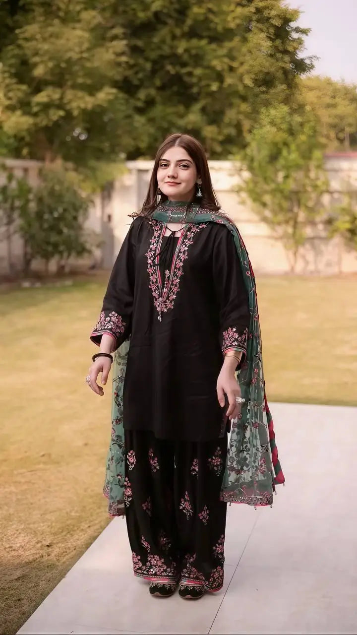Noir Elegance Embroidered Silk Kurta Set with Dupatta for Festive and Wedding Wear