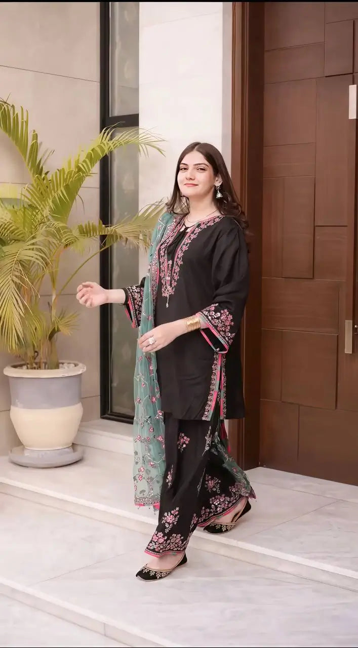 Noir Elegance Embroidered Silk Kurta Set with Dupatta for Festive and Wedding Wear