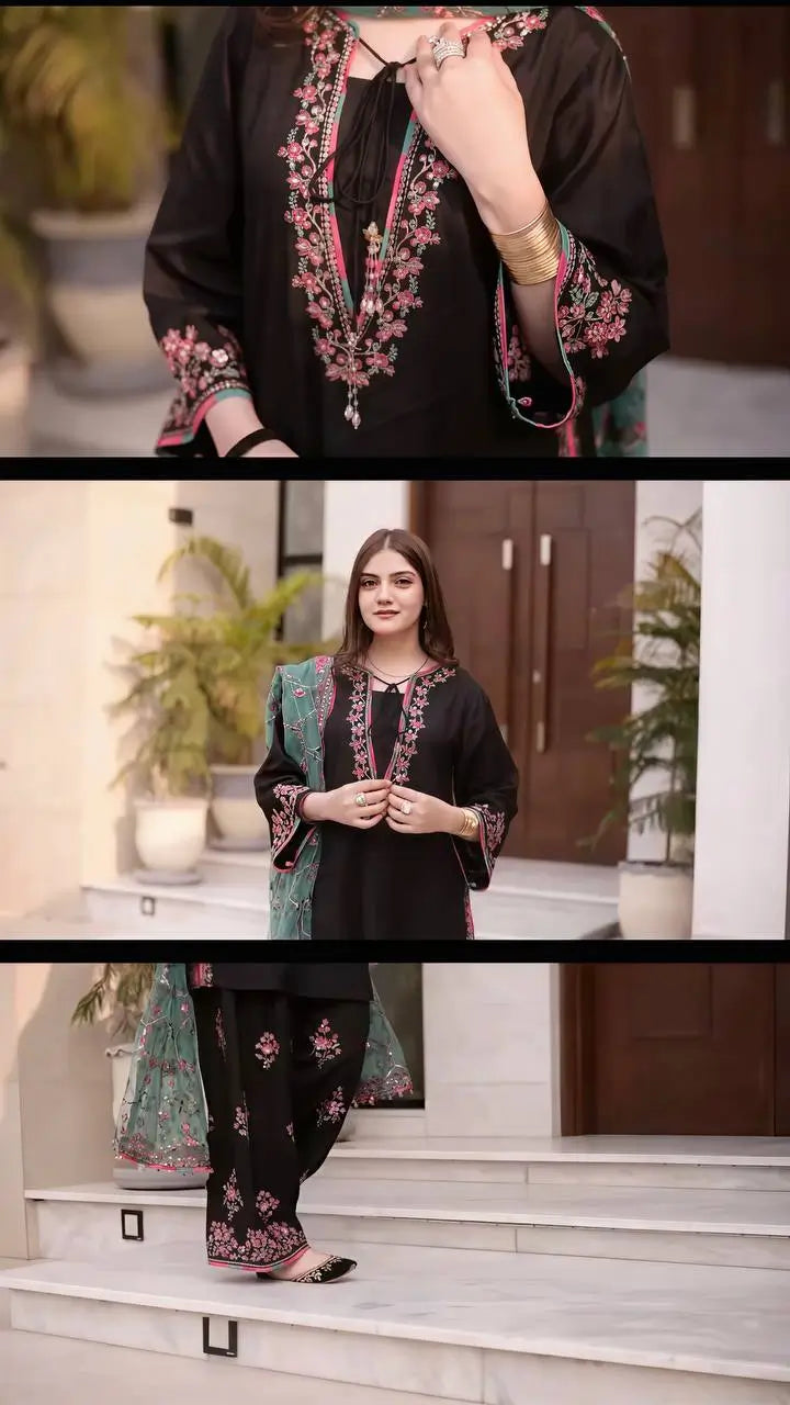 Noir Elegance Embroidered Silk Kurta Set with Dupatta for Festive and Wedding Wear
