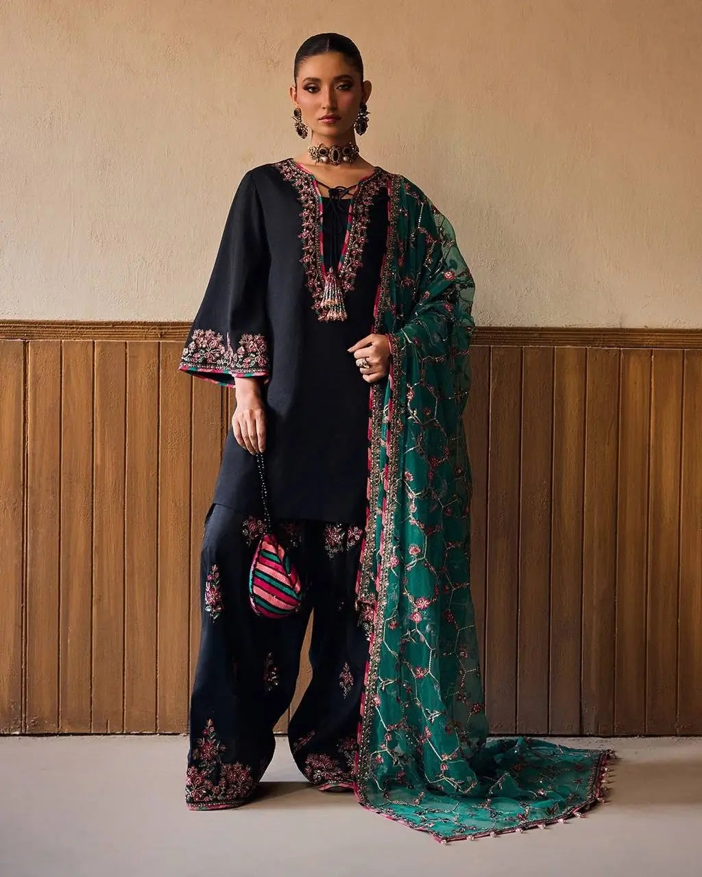 Noir Elegance Embroidered Silk Kurta Set with Dupatta for Festive and Wedding Wear
