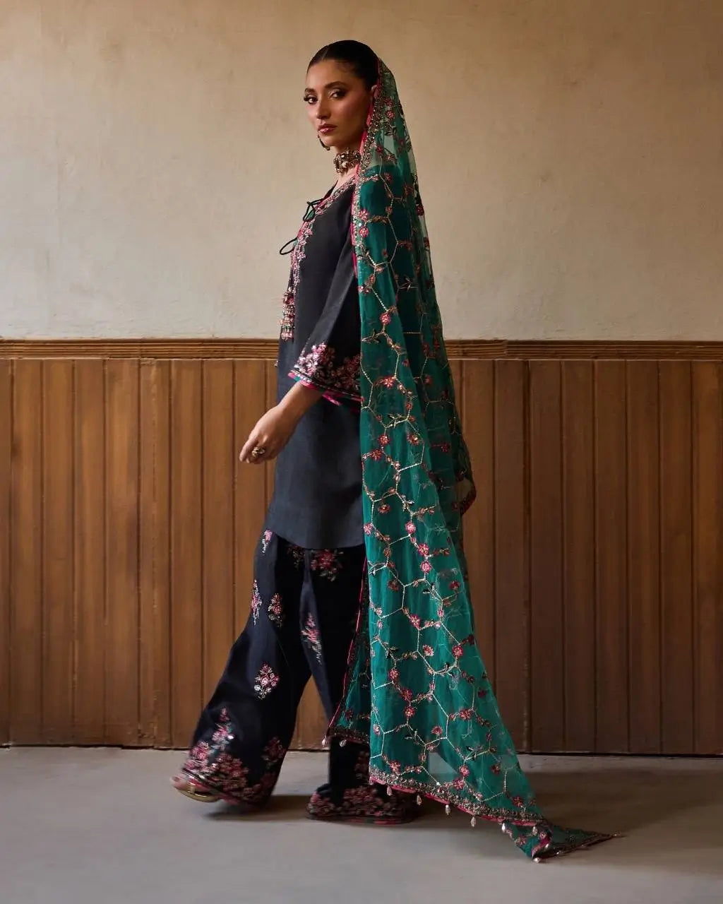 Noir Elegance Embroidered Silk Kurta Set with Dupatta for Festive and Wedding Wear