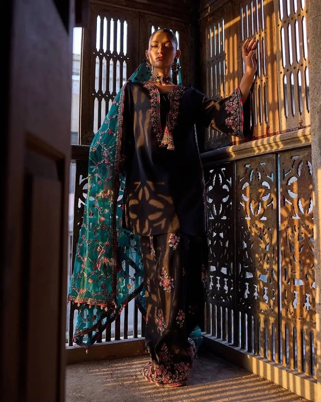 Noir Elegance Embroidered Silk Kurta Set with Dupatta for Festive and Wedding Wear