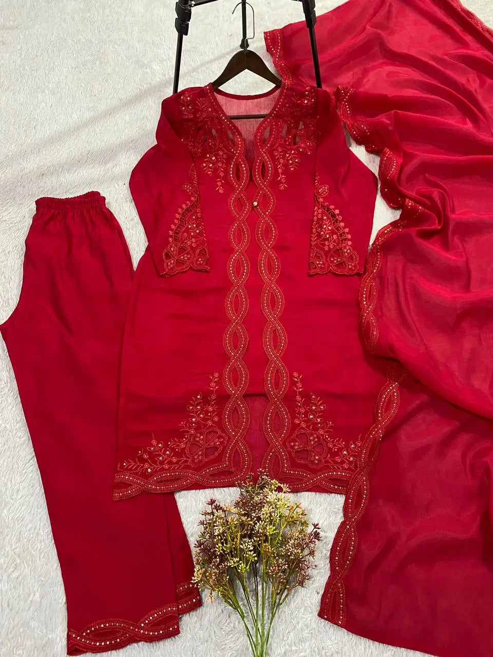 Noor Chanderi Kurti Shrug Pant Dupatta Set for Festive and Party Occasions