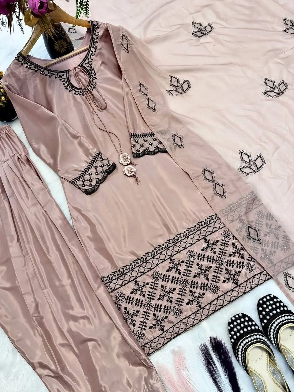 Noor Threadwork Crepe Silk Farshi Salwar Set for Festive and Family Occasions