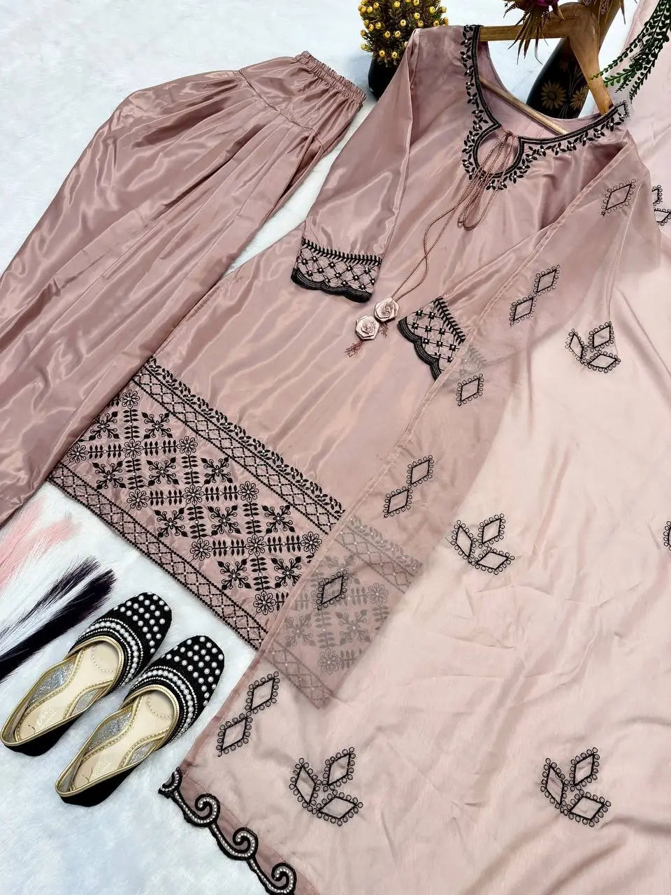 Noor Threadwork Crepe Silk Farshi Salwar Set for Festive and Family Occasions
