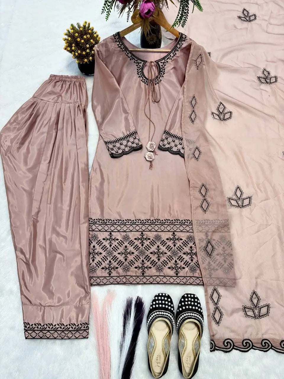 Noor Threadwork Crepe Silk Farshi Salwar Set for Festive and Family Occasions