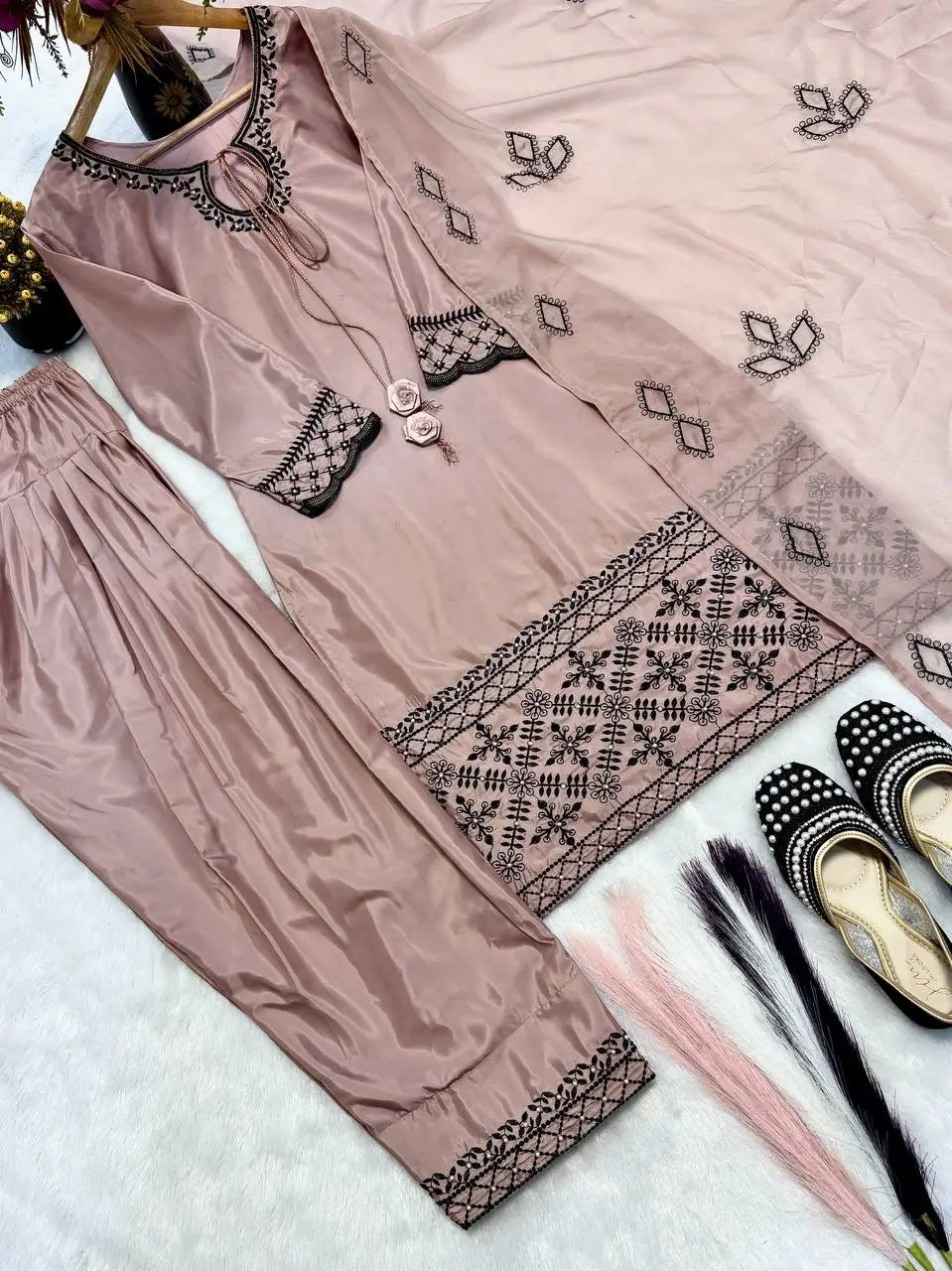 Noor Threadwork Crepe Silk Farshi Salwar Set for Festive and Family Occasions