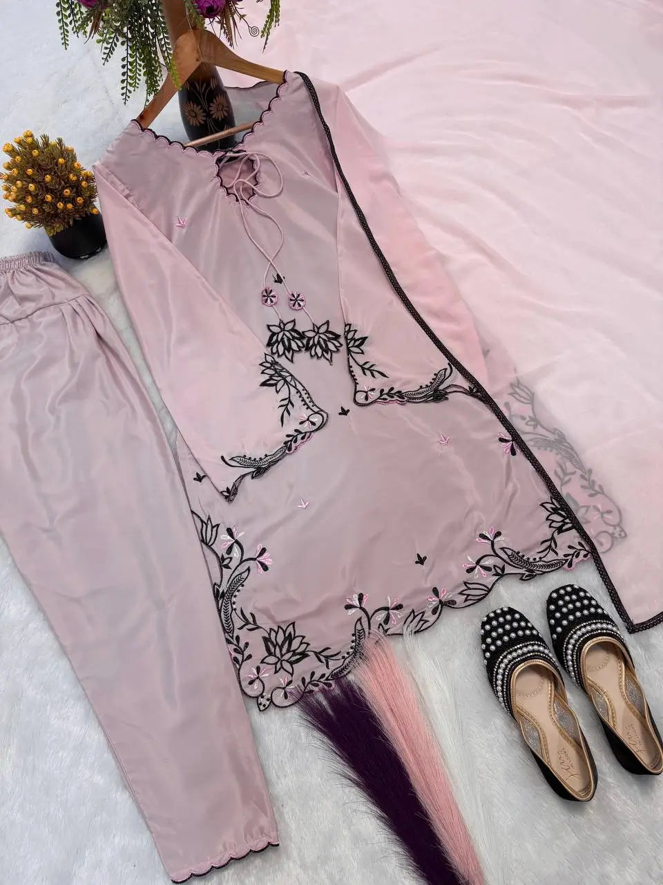 Noor Threadwork Crepe Silk Farshi Salwar Set for Festive and Family Occasions