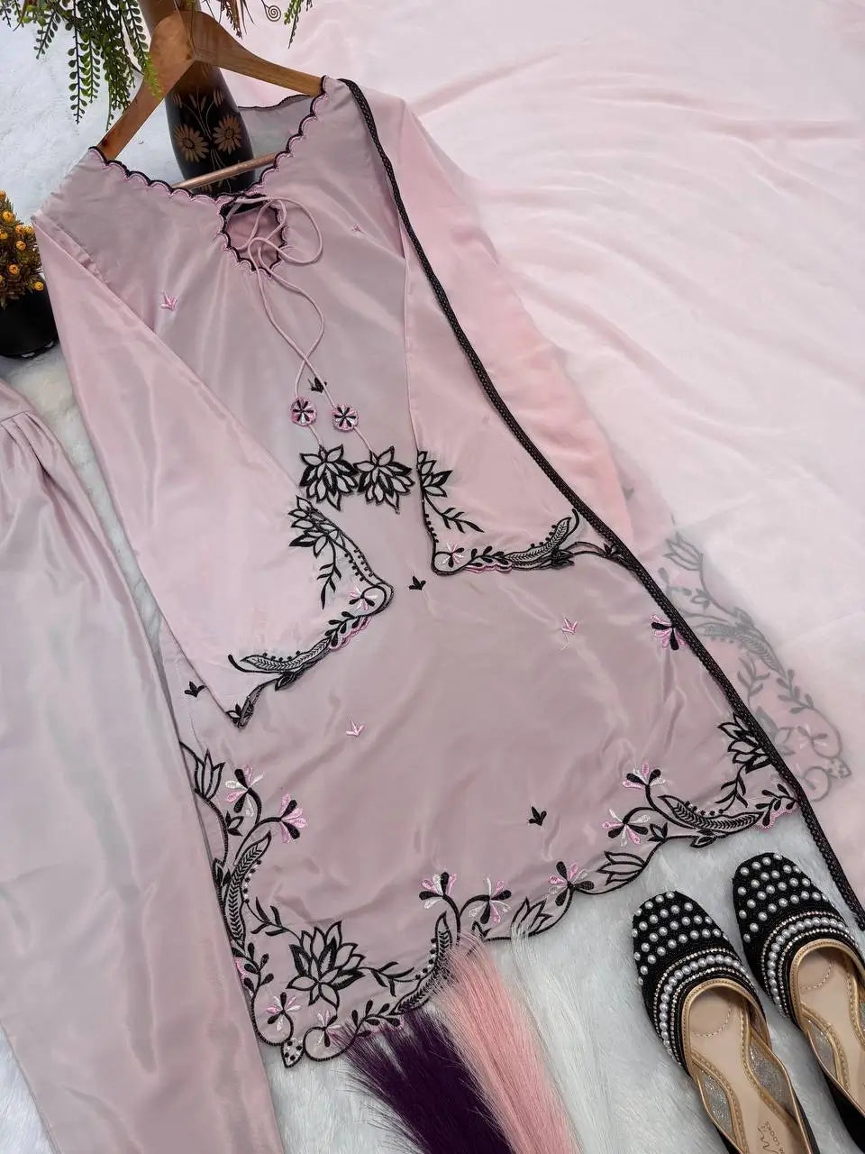 Noor Threadwork Crepe Silk Farshi Salwar Set for Festive and Family Occasions