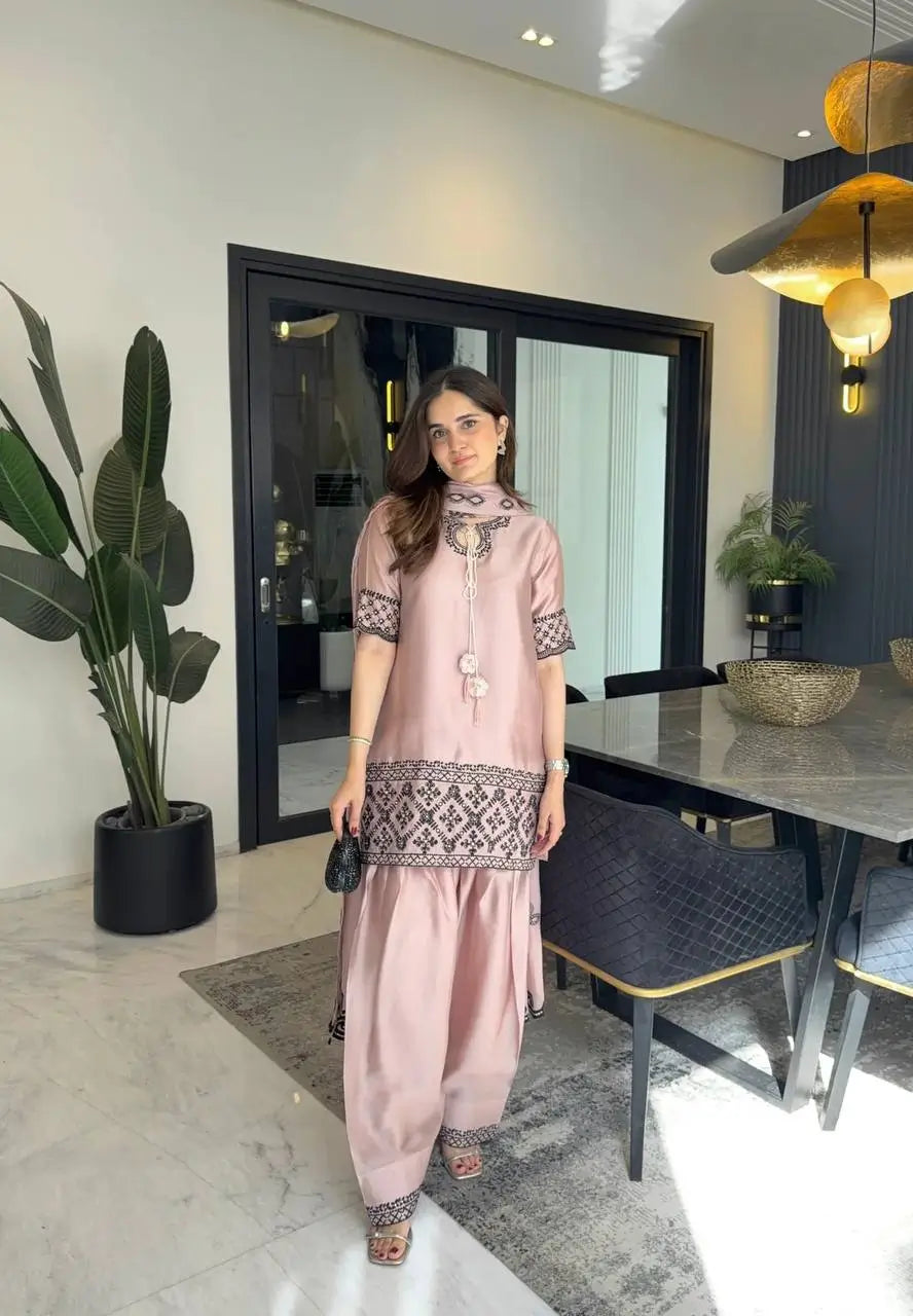 Noor Threadwork Crepe Silk Farshi Salwar Set for Festive and Family Occasions