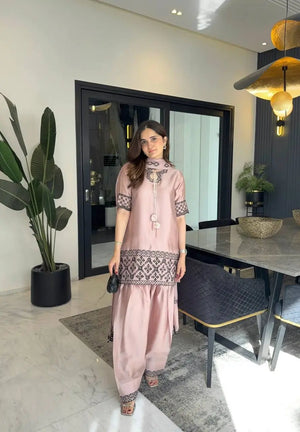 Noor Threadwork Crepe Silk Farshi Salwar Set for Festive and Family Occasions