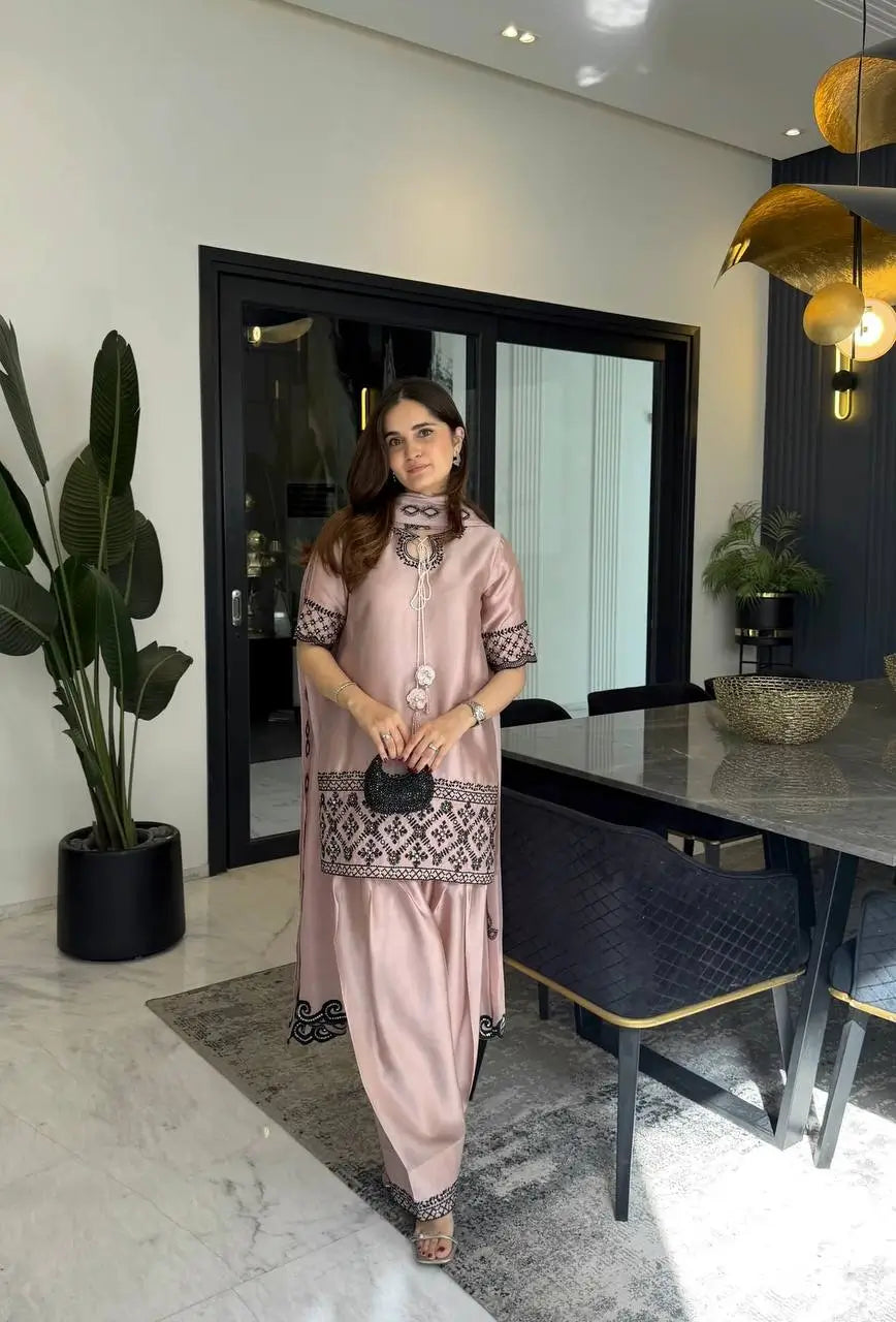 Noor Threadwork Crepe Silk Farshi Salwar Set for Festive and Family Occasions