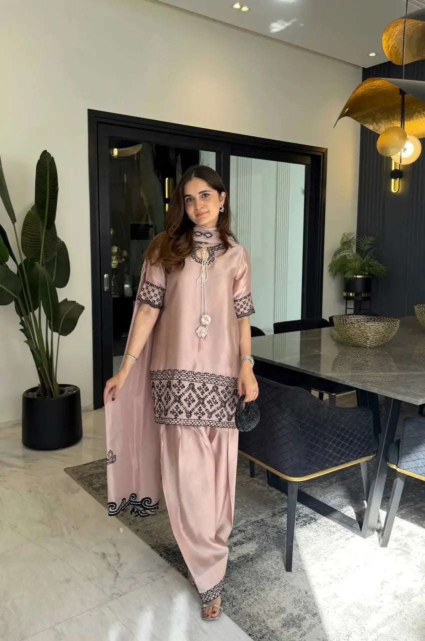 Noor Threadwork Crepe Silk Farshi Salwar Set for Festive and Family Occasions