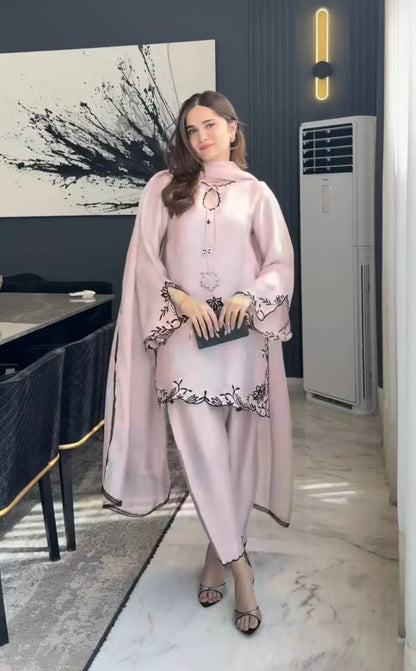 Noor Threadwork Crepe Silk Farshi Salwar Set for Festive and Family Occasions