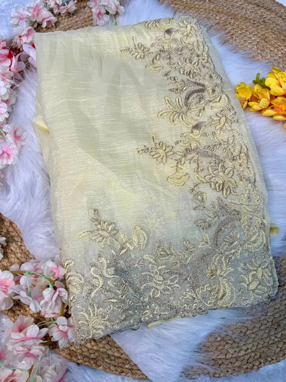 Off-White Crushed Tissue Silk Saree with Resham Floral Embroidery | Party & Festive Wear