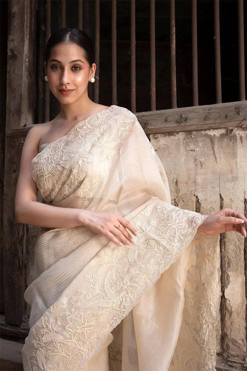 Off-White Crushed Tissue Silk Saree with Resham Floral Embroidery | Party & Festive Wear