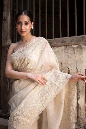 Off-White Crushed Tissue Silk Saree with Resham Floral Embroidery | Party & Festive Wear