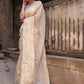 Off-White Crushed Tissue Silk Saree with Resham Floral Embroidery | Party & Festive Wear