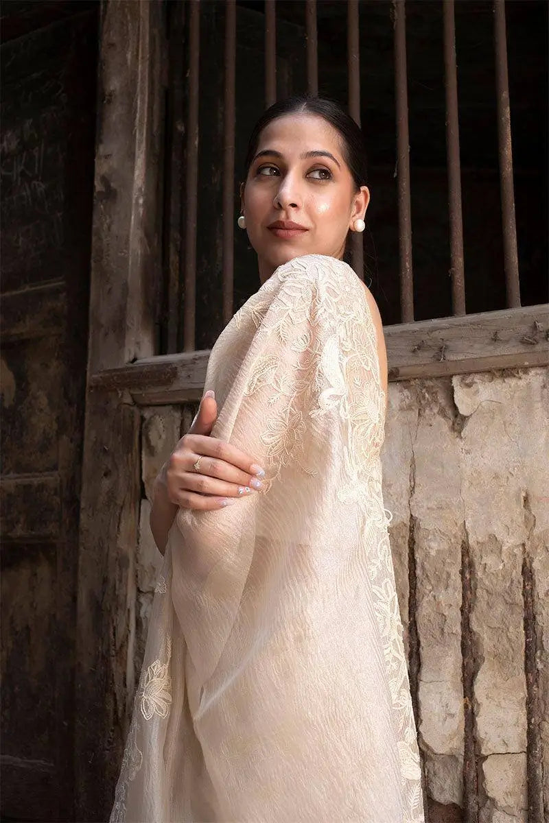 Off-White Crushed Tissue Silk Saree with Resham Floral Embroidery | Party & Festive Wear