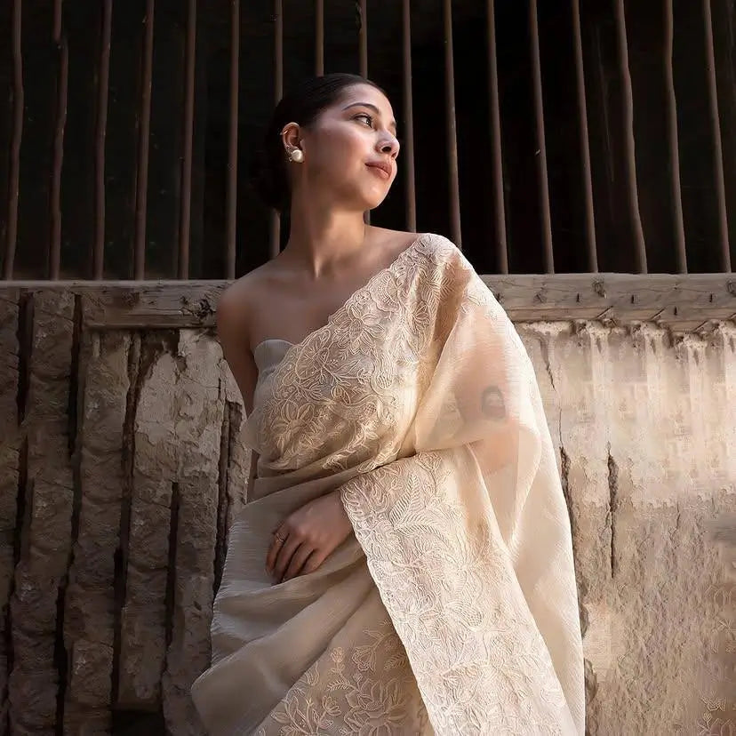 Off-White Crushed Tissue Silk Saree with Resham Floral Embroidery | Party & Festive Wear