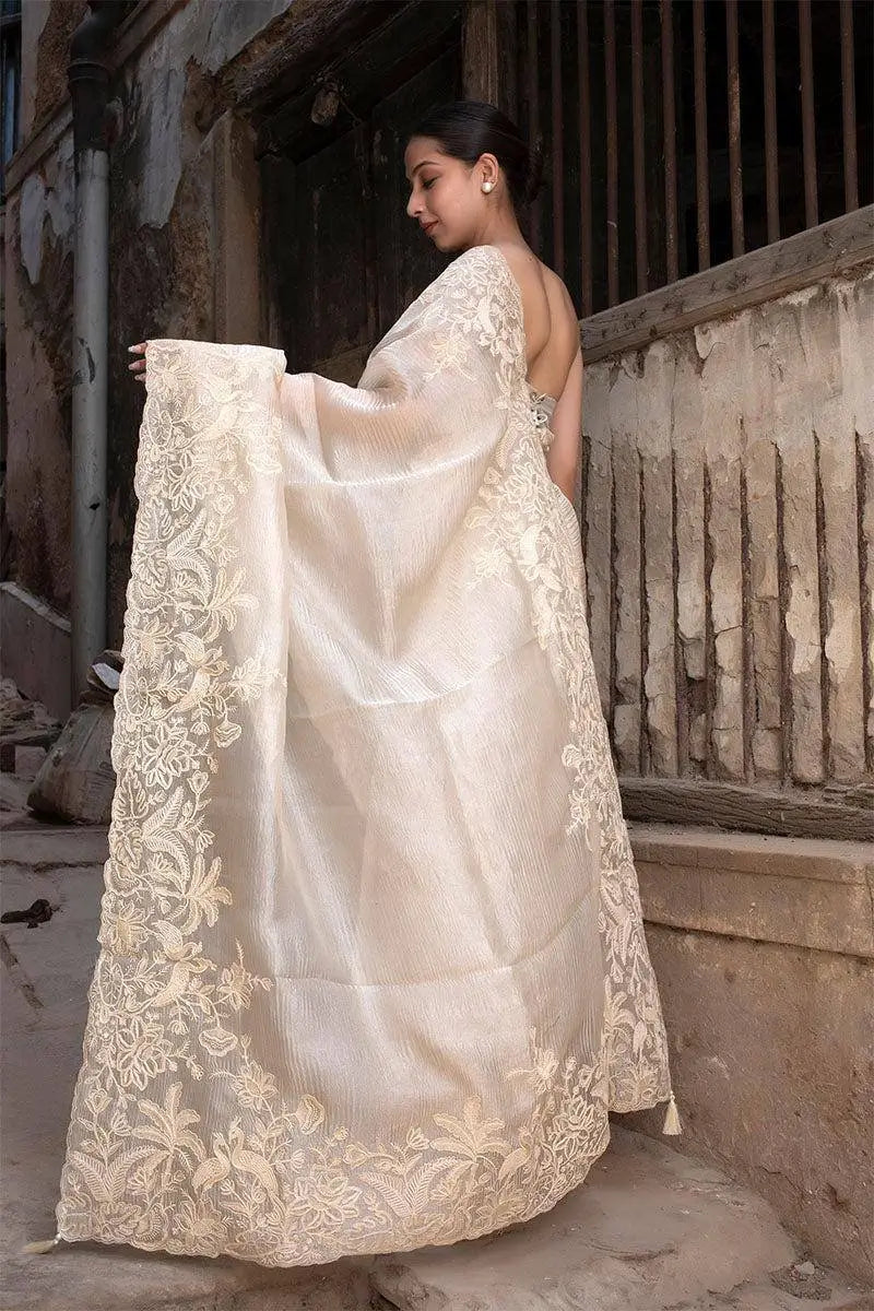 Off-White Crushed Tissue Silk Saree with Resham Floral Embroidery | Party & Festive Wear