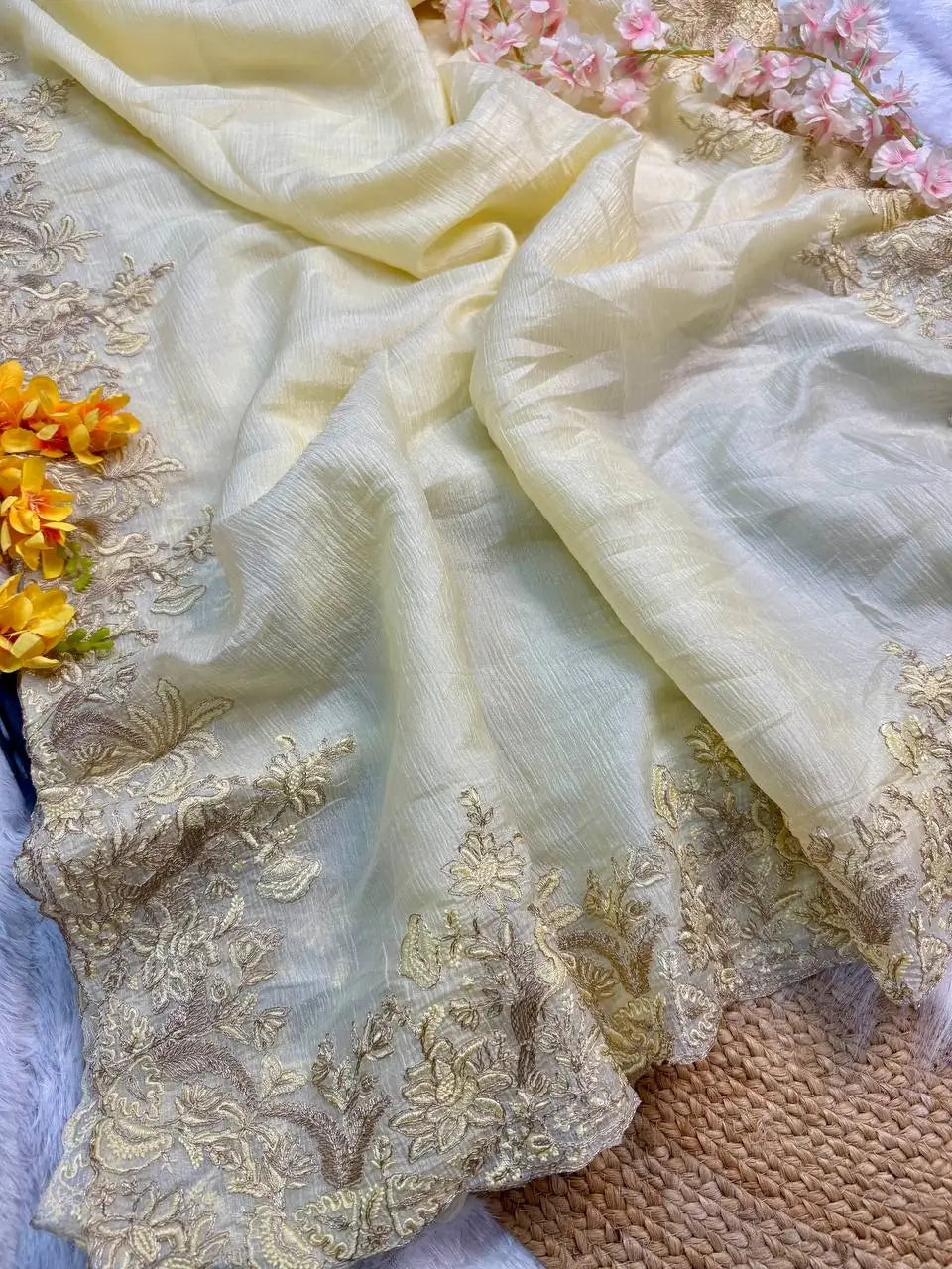 Off-White Crushed Tissue Silk Saree with Resham Floral Embroidery | Party & Festive Wear