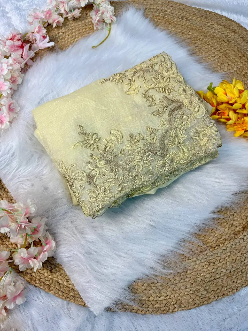 Off-White Crushed Tissue Silk Saree with Resham Floral Embroidery | Party & Festive Wear