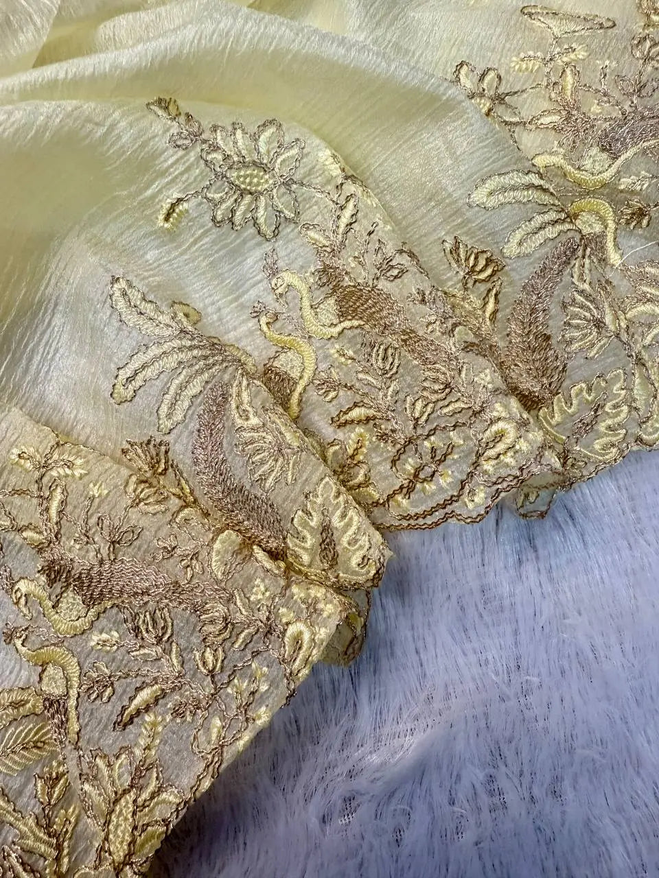 Off-White Crushed Tissue Silk Saree with Resham Floral Embroidery | Party & Festive Wear