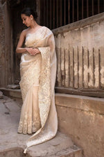 Off-White Crushed Tissue Silk Saree with Resham Floral Embroidery | Party & Festive Wear