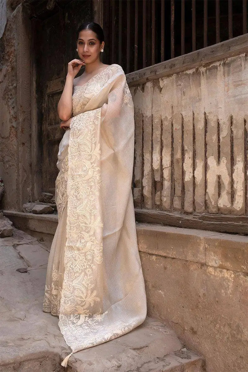 Off-White Crushed Tissue Silk Saree with Resham Floral Embroidery | Party & Festive Wear