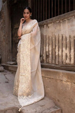 Off-White Crushed Tissue Silk Saree with Resham Floral Embroidery | Party & Festive Wear