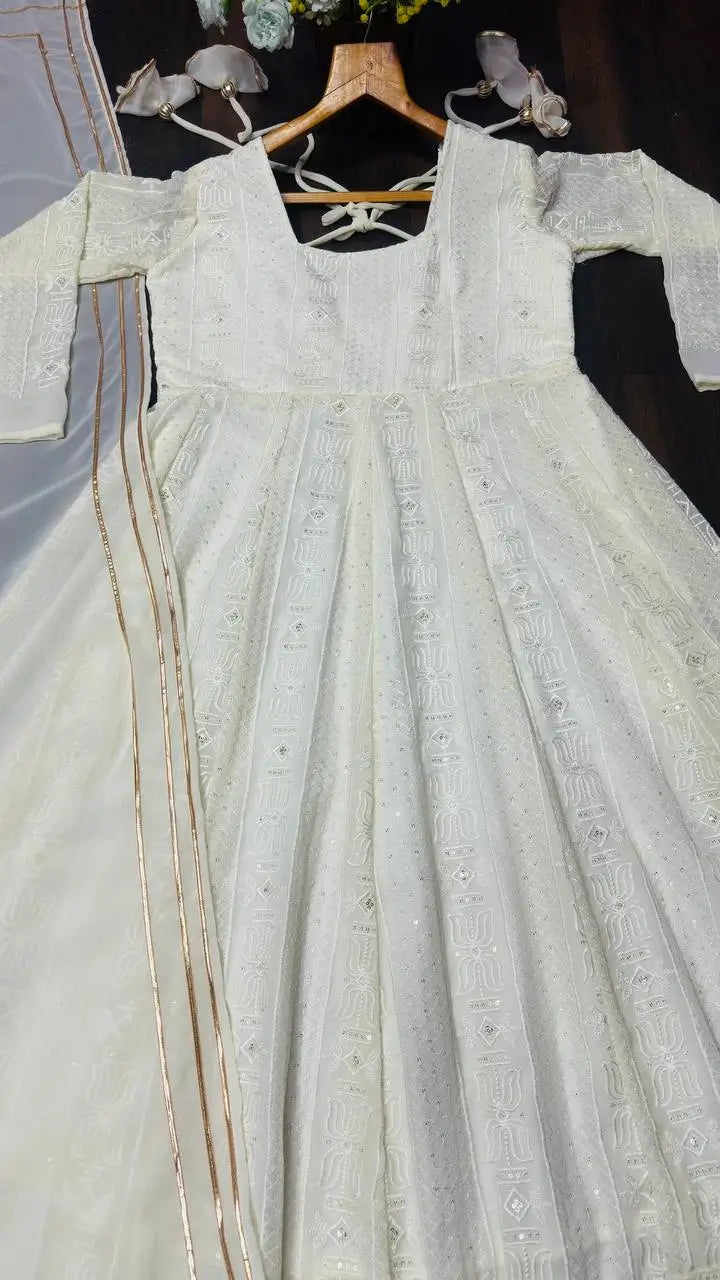 Off White Georgette Anarkali Gown Set for Wedding and Festive Wear