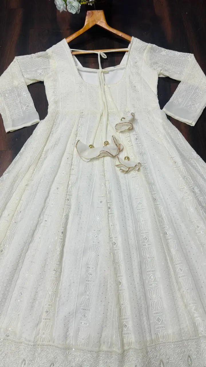 Off White Georgette Anarkali Gown Set for Wedding and Festive Wear