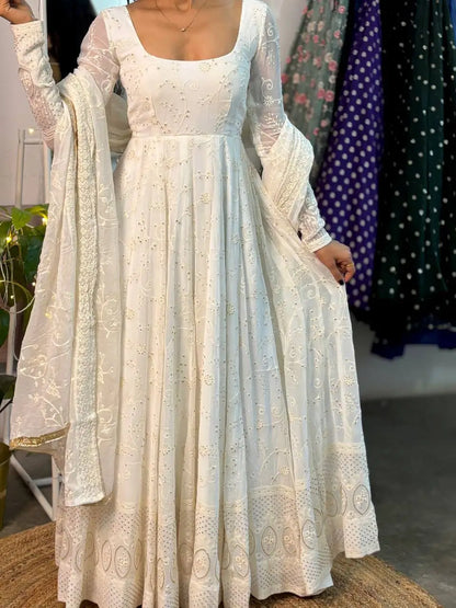 Off White Georgette Anarkali Gown Set for Wedding and Festive Wear