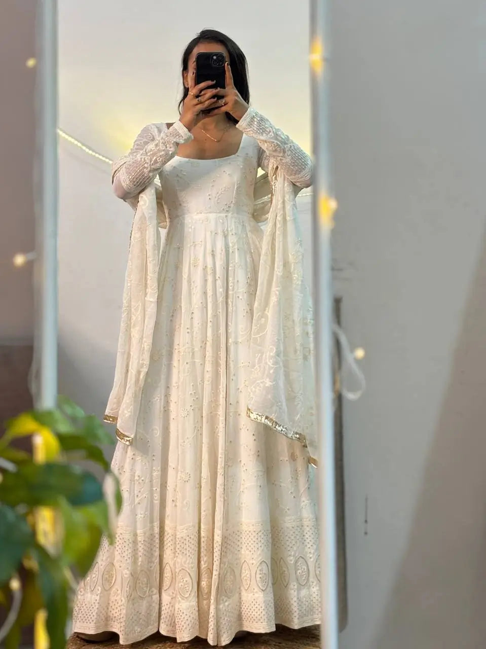 Off White Georgette Anarkali Gown Set for Wedding and Festive Wear