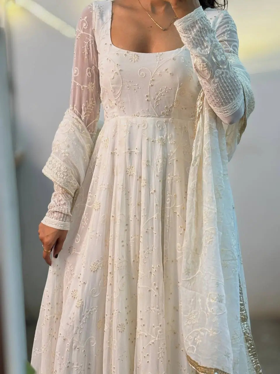 Off White Georgette Anarkali Gown Set for Wedding and Festive Wear