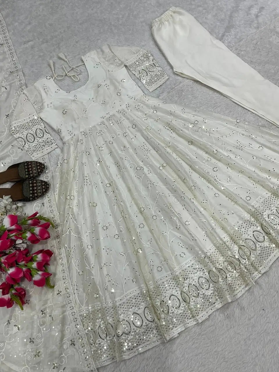 Off White Georgette Anarkali Gown Set for Wedding and Festive Wear