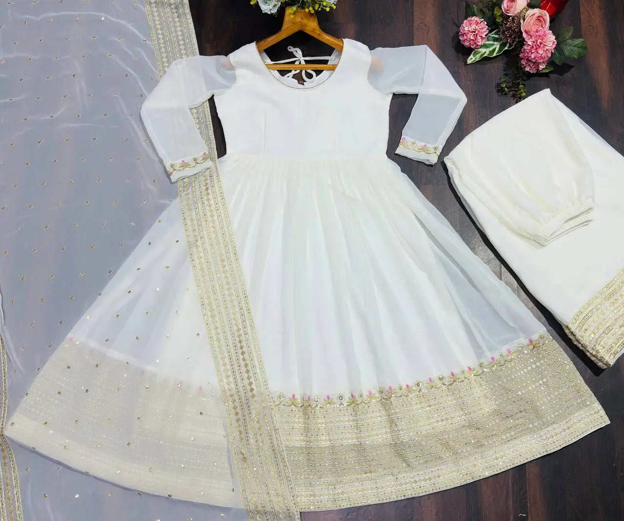 Off White Georgette Sequins Embroidered Kurta Plazo Set