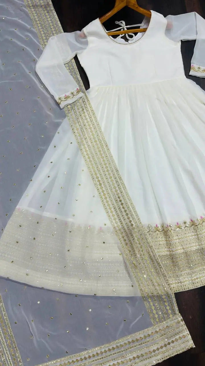 Off White Georgette Sequins Embroidered Kurta Plazo Set