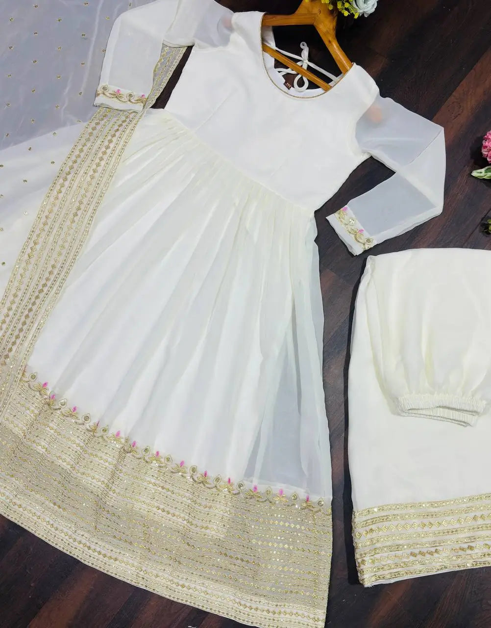 Off White Georgette Sequins Embroidered Kurta Plazo Set