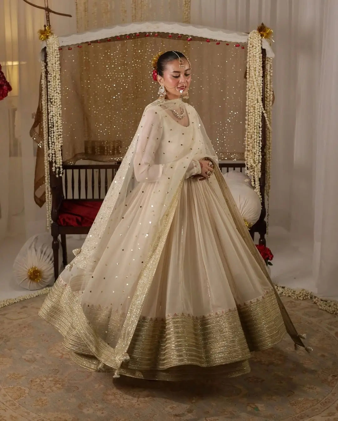 Off White Georgette Sequins Embroidered Kurta Plazo Set