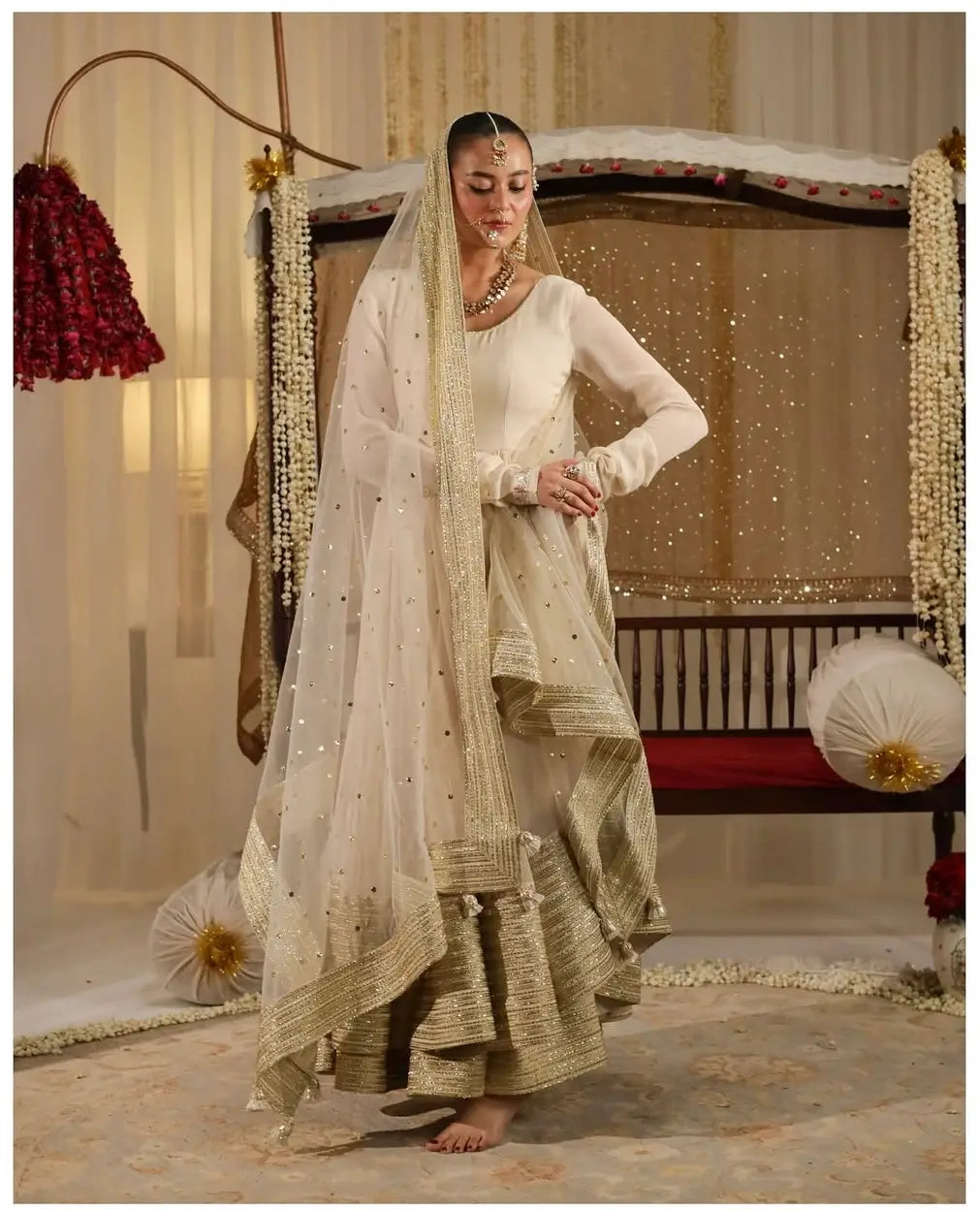 Off White Georgette Sequins Embroidered Kurta Plazo Set