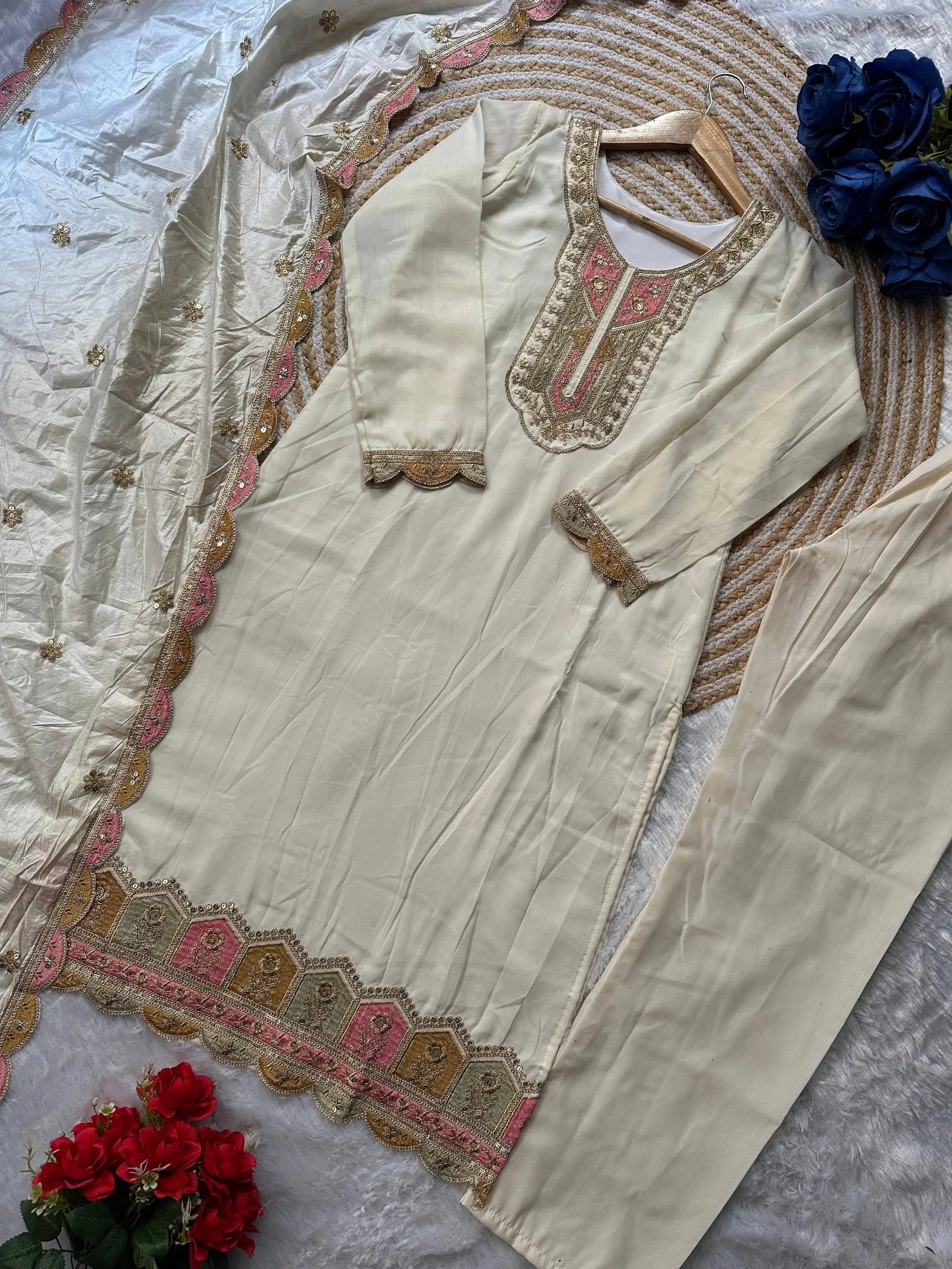 Off White Heavy Roman Silk Sequin Embroidered Kurta Pant Set with Chanderi Silk Dupatta | Festive Party Wear