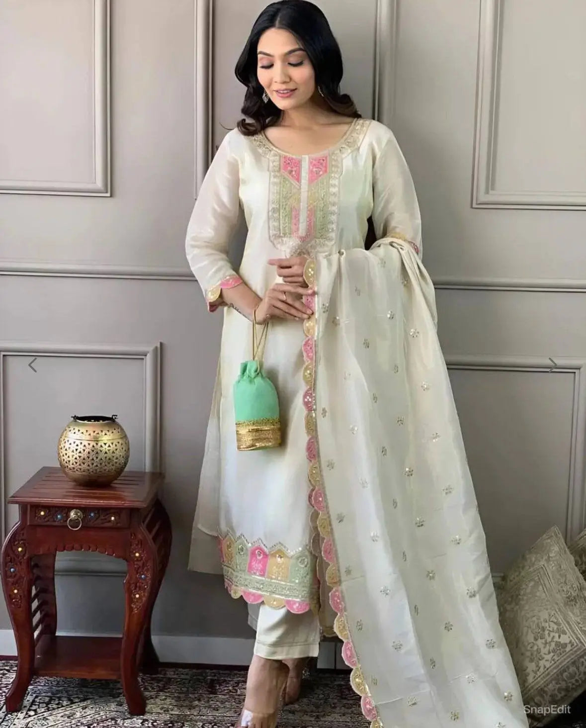 Off White Heavy Roman Silk Sequin Embroidered Kurta Pant Set with Chanderi Silk Dupatta | Festive Party Wear