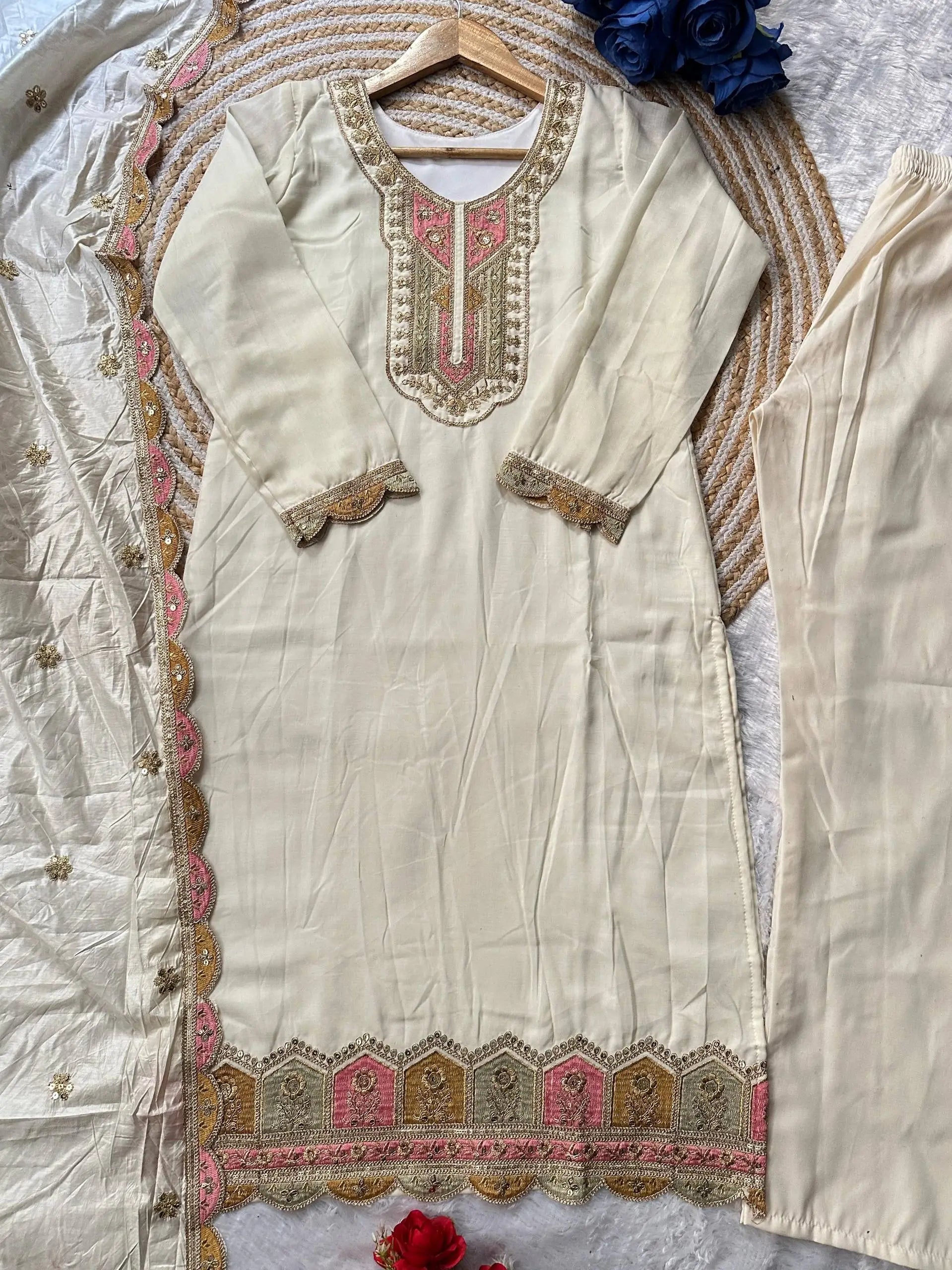 Off White Heavy Roman Silk Sequin Embroidered Kurta Pant Set with Chanderi Silk Dupatta | Festive Party Wear