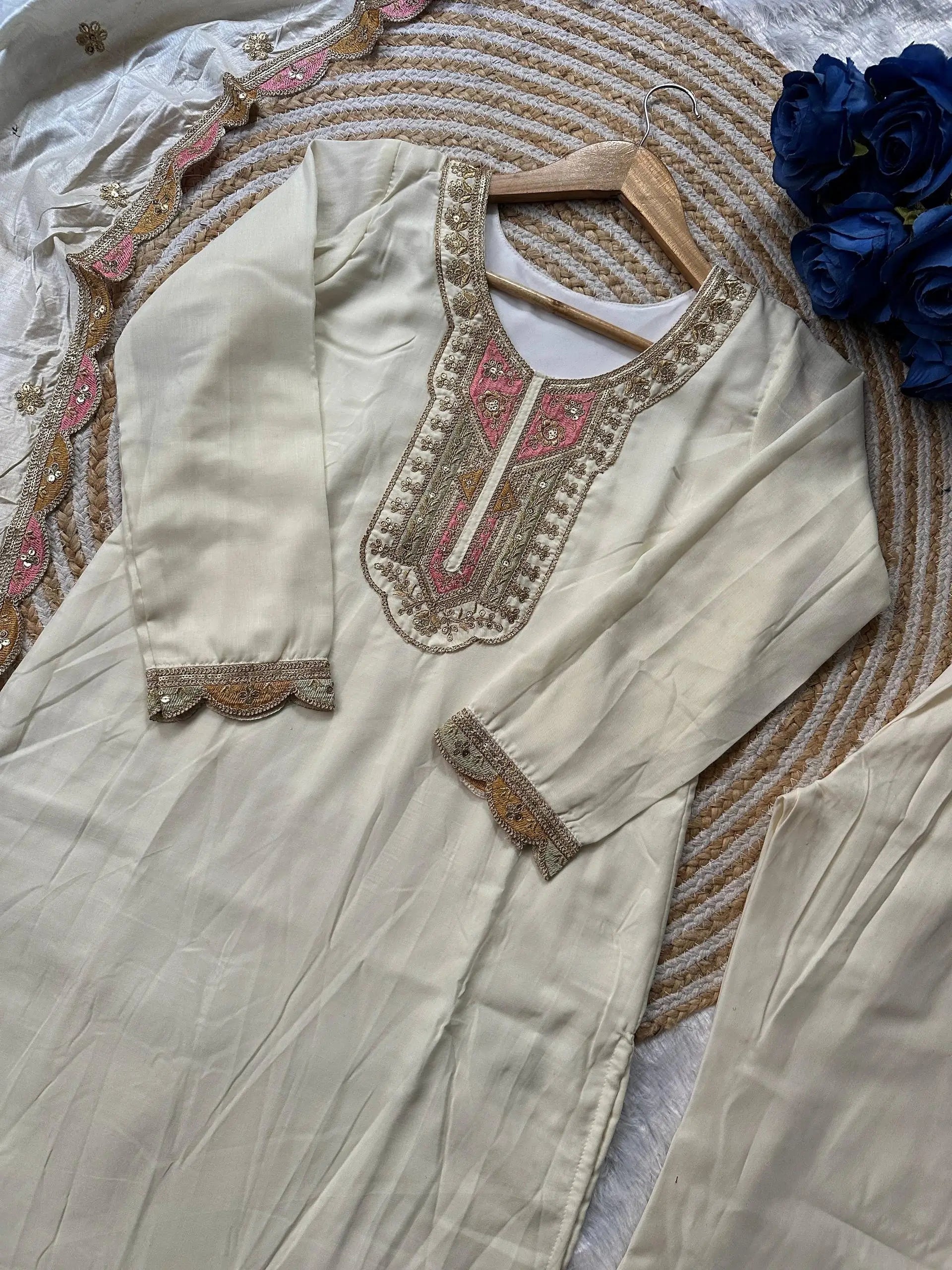 Off White Heavy Roman Silk Sequin Embroidered Kurta Pant Set with Chanderi Silk Dupatta | Festive Party Wear