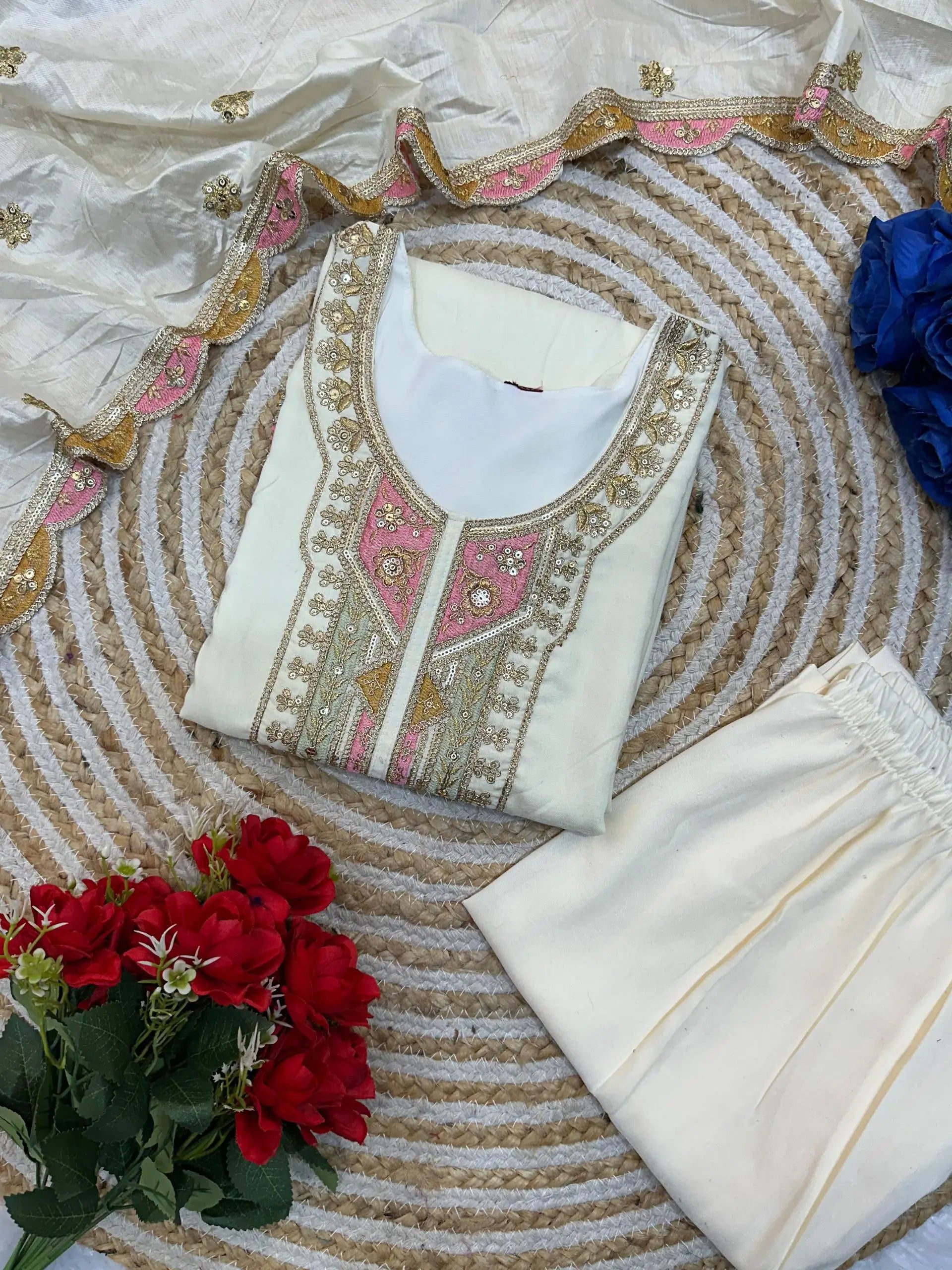 Off White Heavy Roman Silk Sequin Embroidered Kurta Pant Set with Chanderi Silk Dupatta | Festive Party Wear