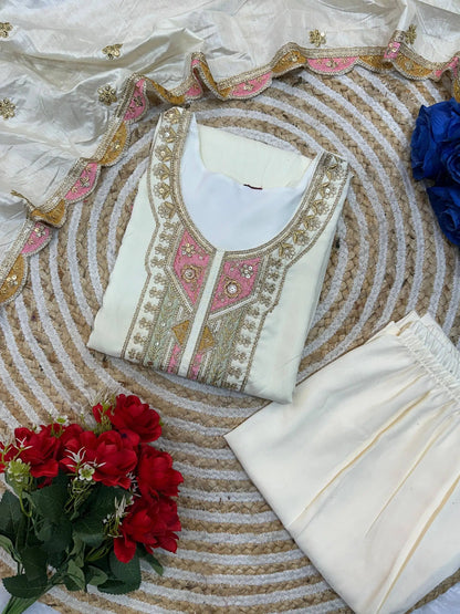 Off White Heavy Roman Silk Sequin Embroidered Kurta Pant Set with Chanderi Silk Dupatta | Festive Party Wear