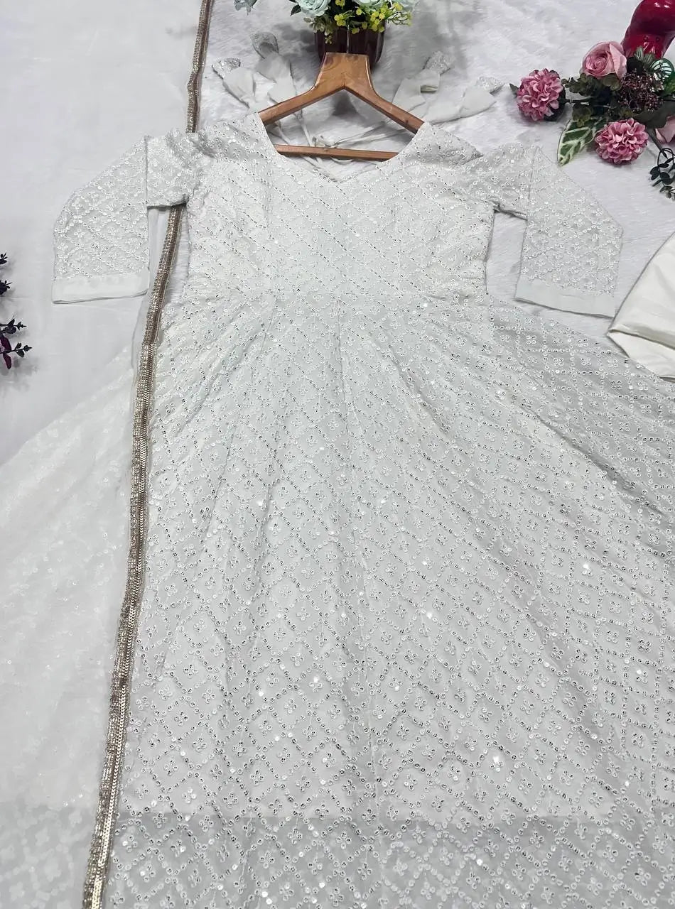 Off-White Sequined Blooming Anarkali Gown Set with Dupatta