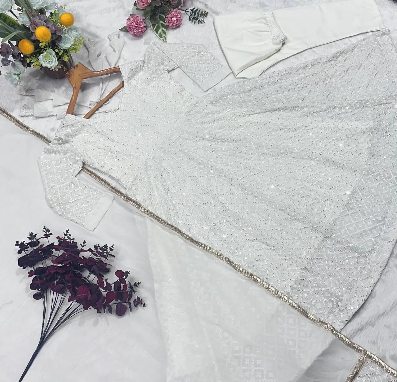 Off-White Sequined Blooming Anarkali Gown Set with Dupatta